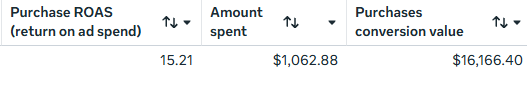 Campaign dashboard: purchase ROAS 15.21; amount spent $1,062.88; purchases conversion value $16,166.40.